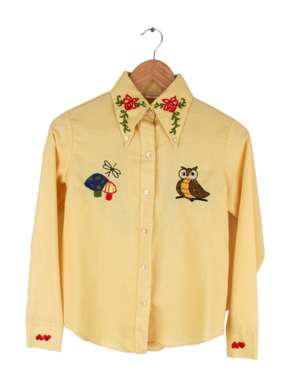 Vintage‎ 70s Hand Embroidered Floral Owl Button Up Shirt Hippie Nature Size 14